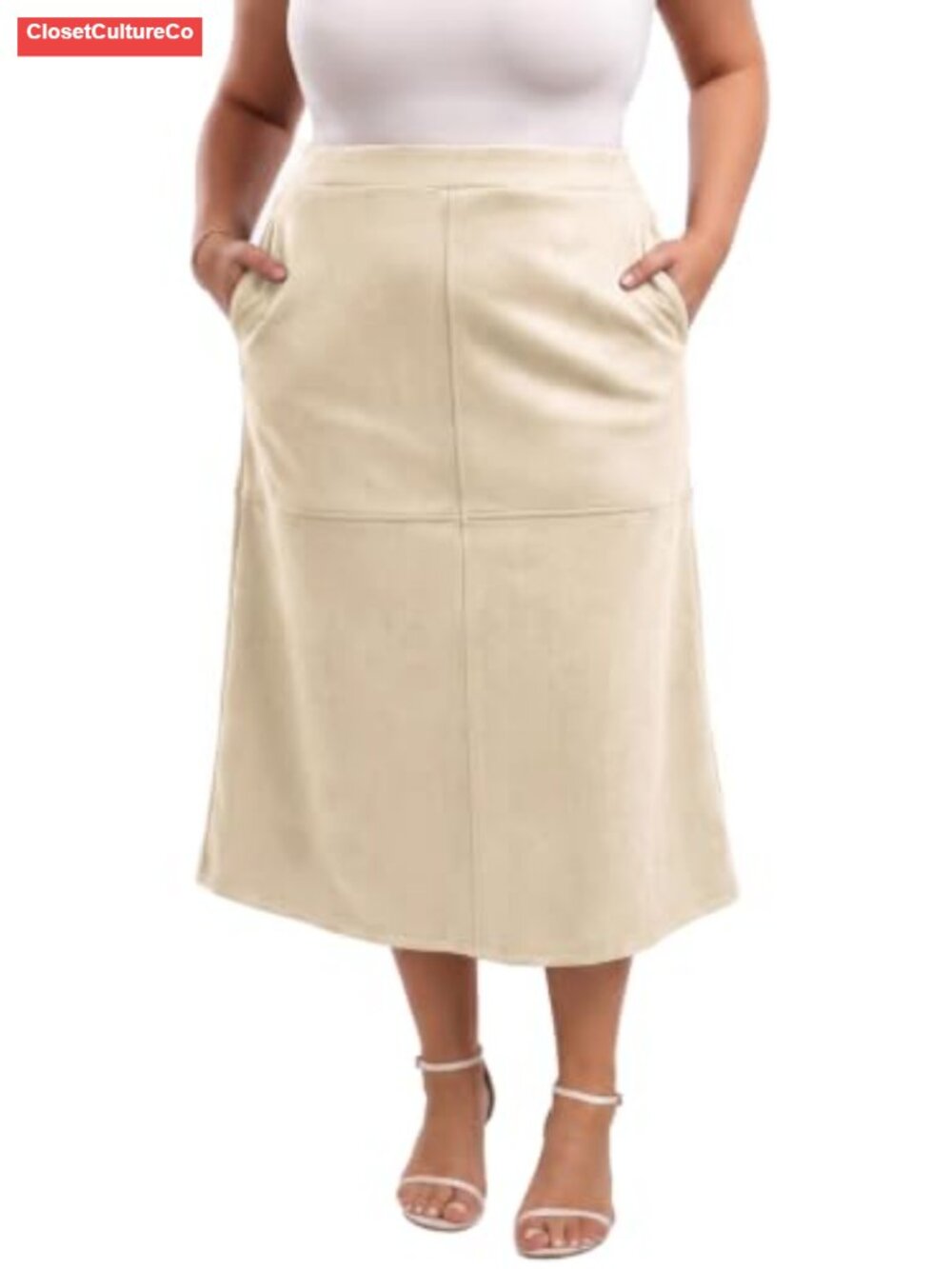 Faux Suede A-Line High Waist Midi Skirt with Pockets